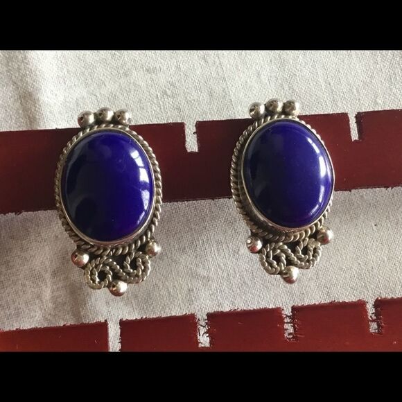 Stamped Sterling Silver Blue Onyx Earrings